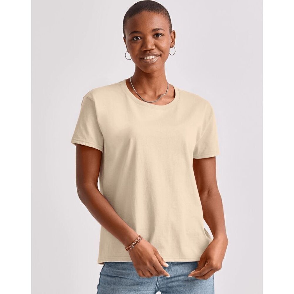 NWT 2 Hanes Essentials Cotton Crewneck Tees Oversized Fit Pink & Natural XS